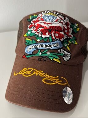Ed Hardy Olive Green Mesh Trucker Cap with Embroidered Tiger Patch